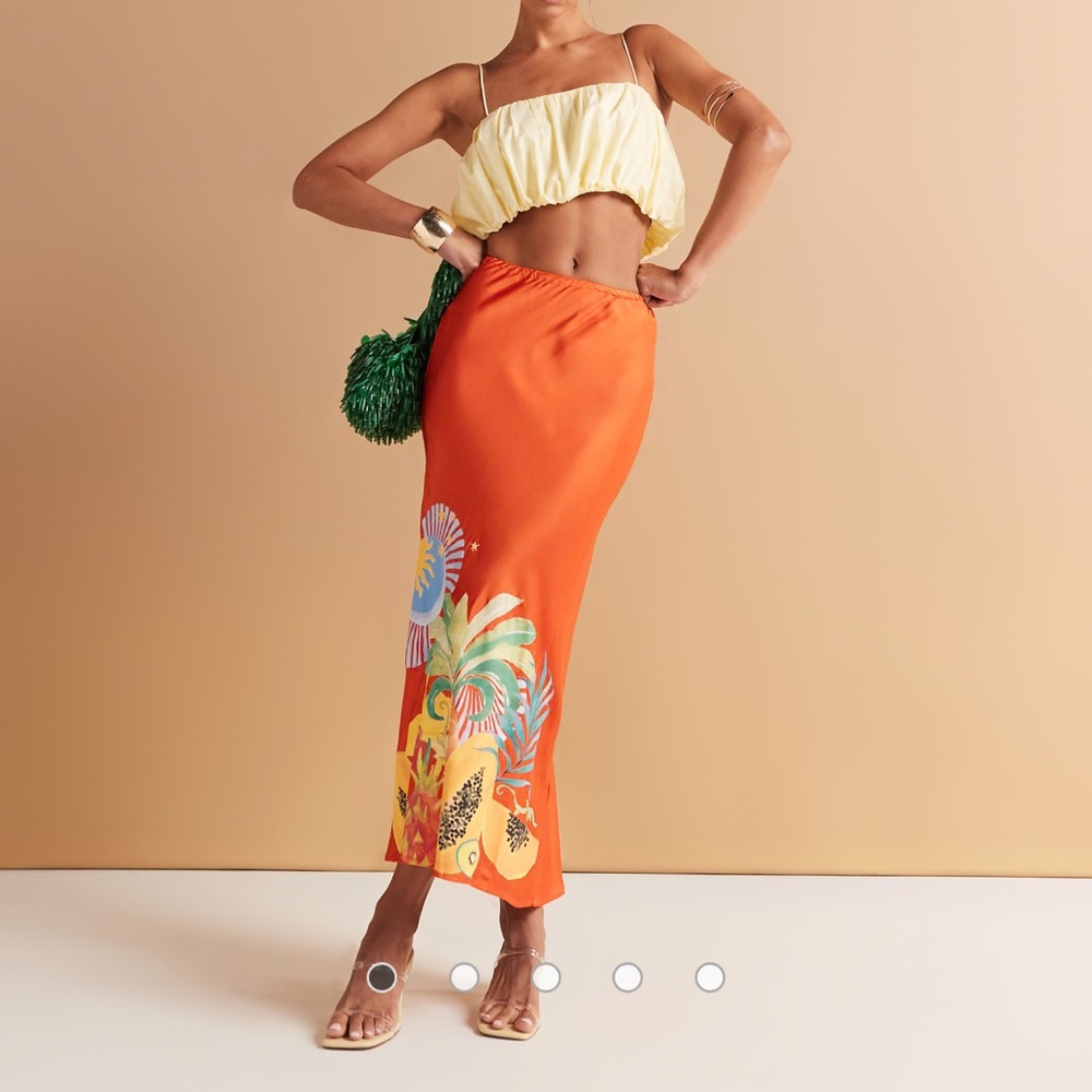 Never Fully Dressed palm satin midaxi skirt in orange